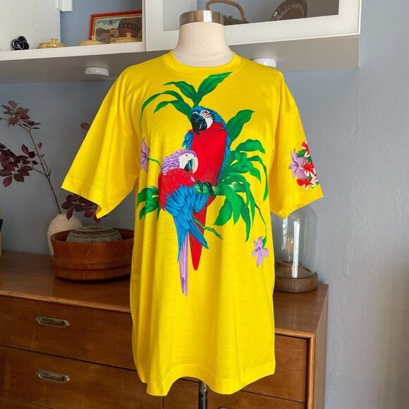 Vintage Escada Margaretha Ley Yellow Parrot Graphic Print T-Shirt Top Sz 36